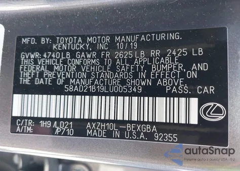 2020 Lexus Es 300H из США, поврежденный, VIN 58AD21B19LU005349